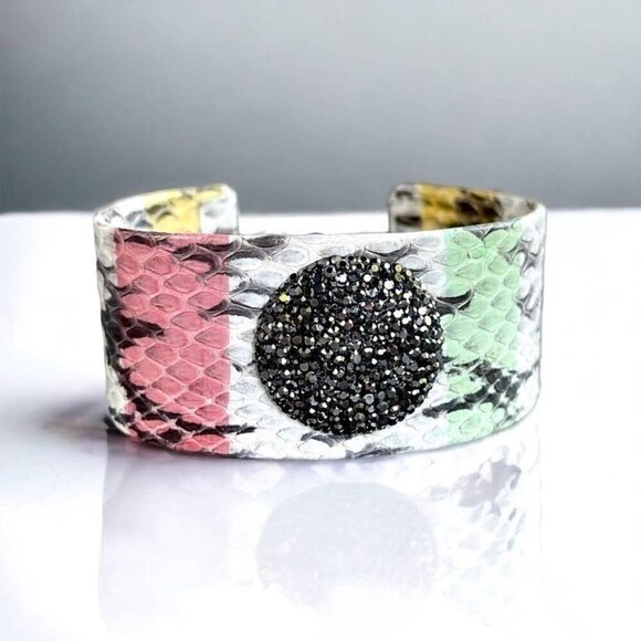 Wide Leather Cuff Bracelet with a Round Rhinestone Accent - Picture 1 of 7